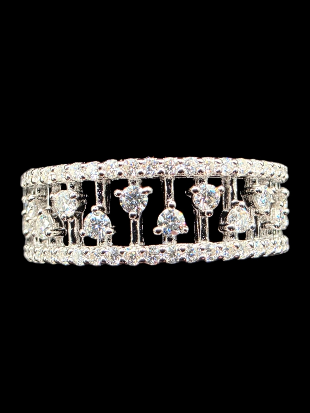 0.74 CTW Moissanite 925 Sterling Silver Openwork Band Size 8